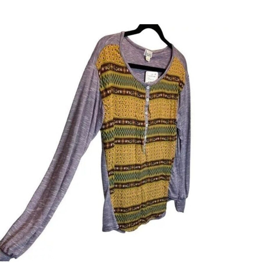 Baea Nordstrom Mixed Pattern Long Sleeve Henley Style Top Purple Gold LARGE New