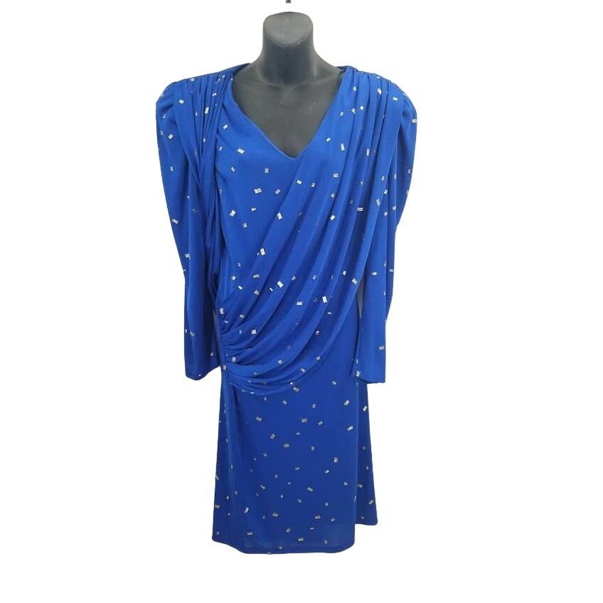 Vintage Nancy Bracoloni Size 14 Blue Gold Cocktail Dress Long Sleeve Sash Detail