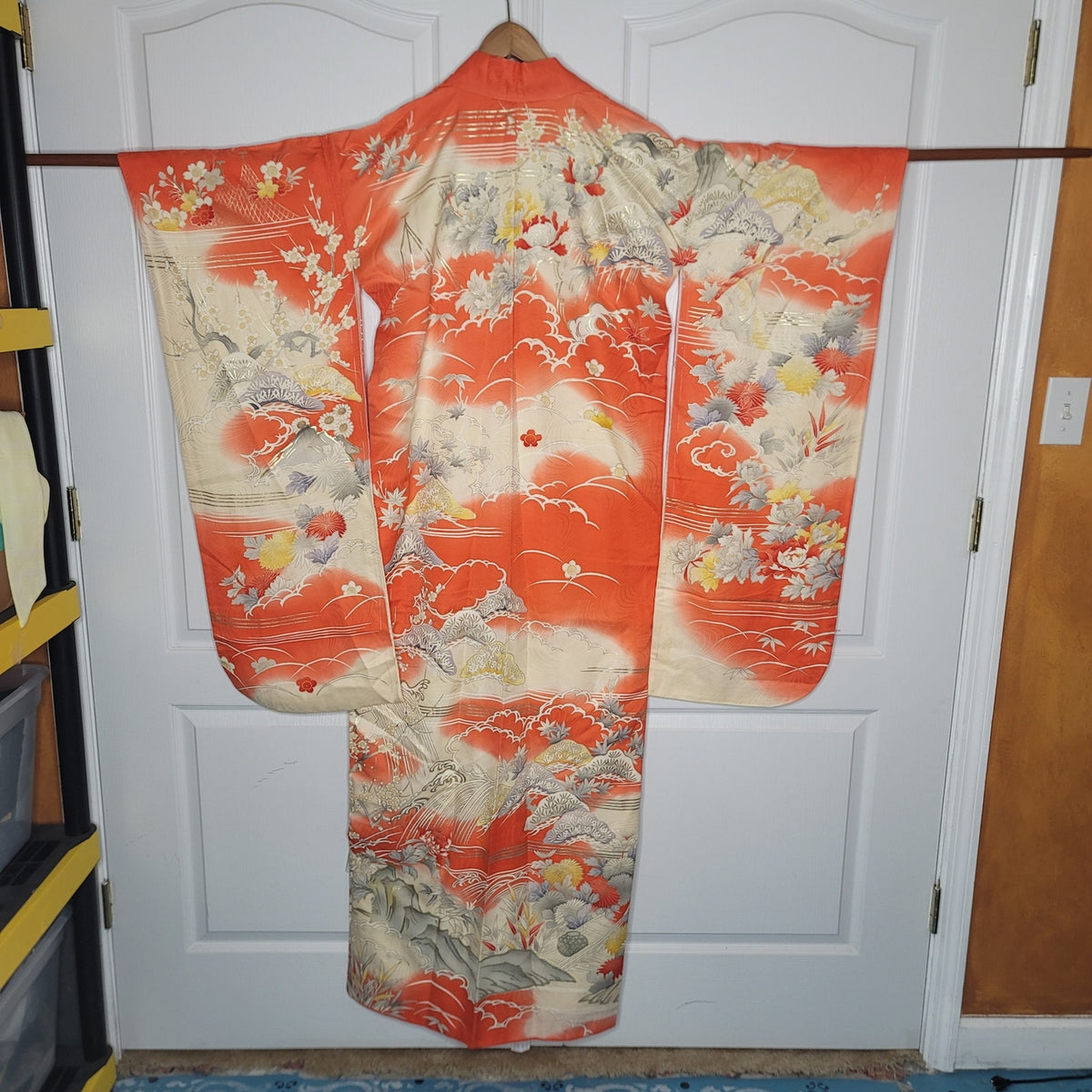 Vintage Silk Furisode (long sleeve) Kimono Robe Orange Gold Silver Embroidery