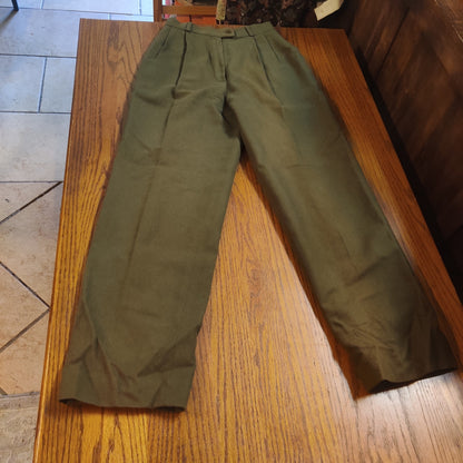Vintage High Waisted Pleated Front Olive Green 100% Wool Pants Lined 4 Pockets