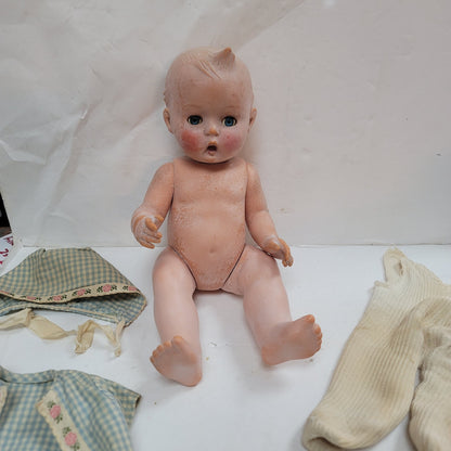 Vintage vinyl hummel doll 3pc clothing set bonnet jumper sweater Moving eyes