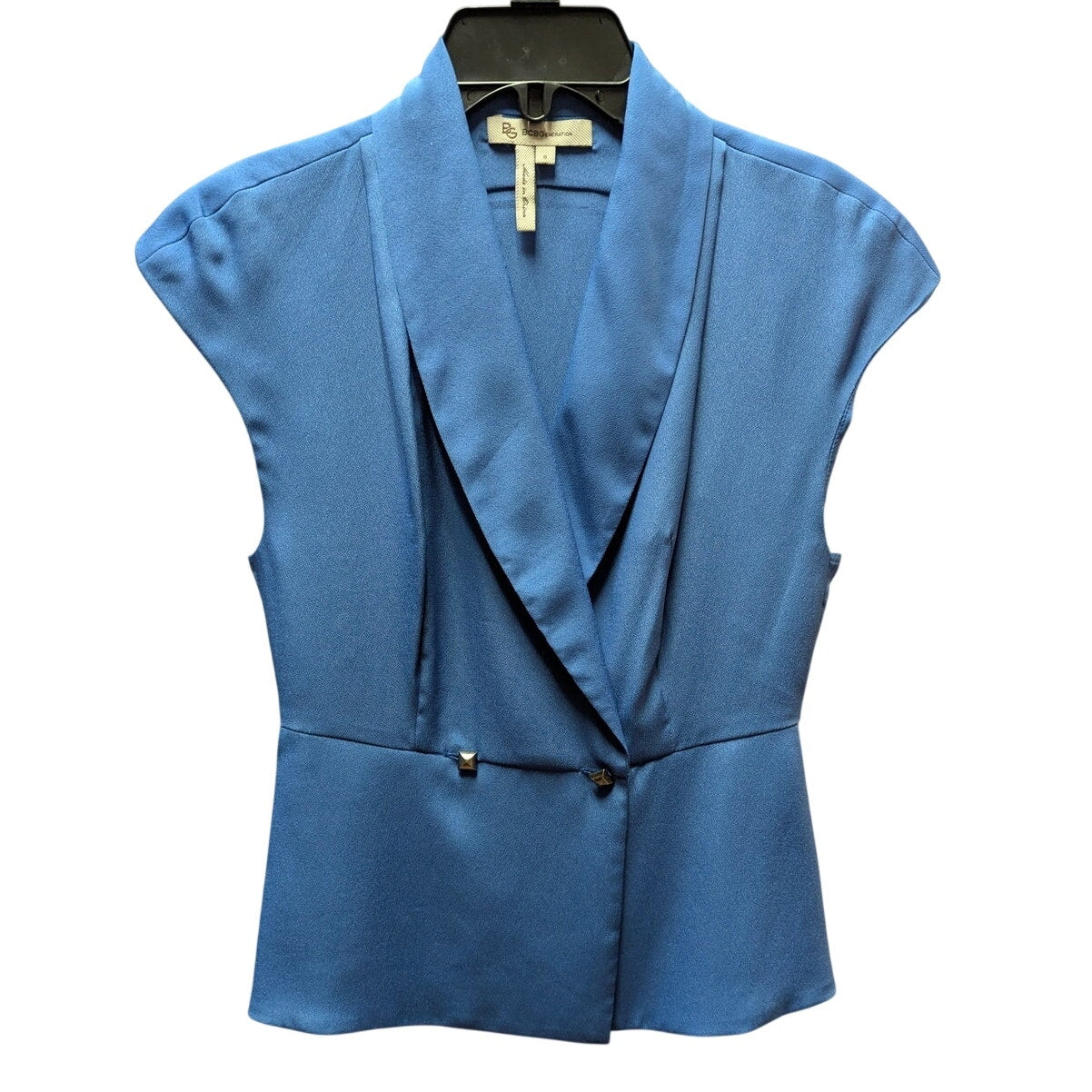 BCBGeneration Blue Double Breasted Peplum Top Sleeveless Shawl Collar Blouse