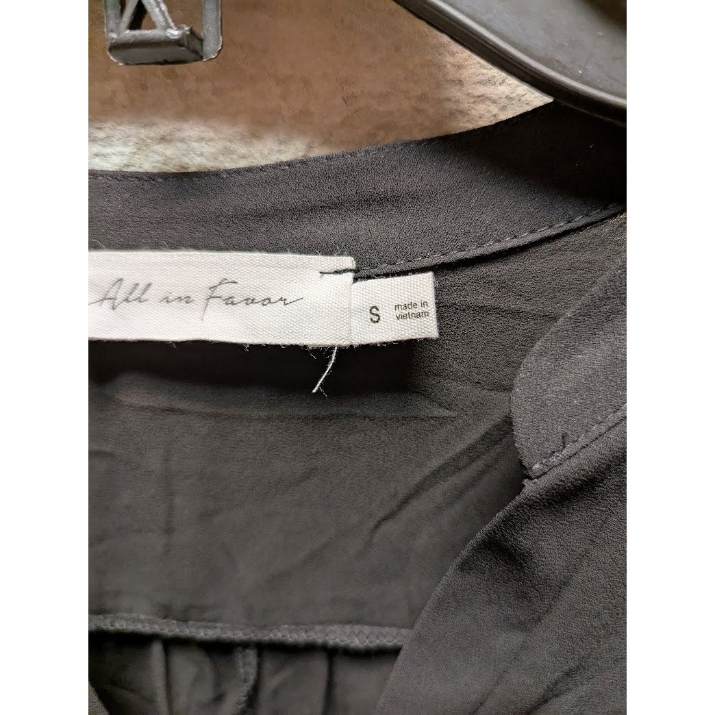 All in Favor Size Small Black Blouse Top Roll Tab Sleeve V Neck Career Round Hem
