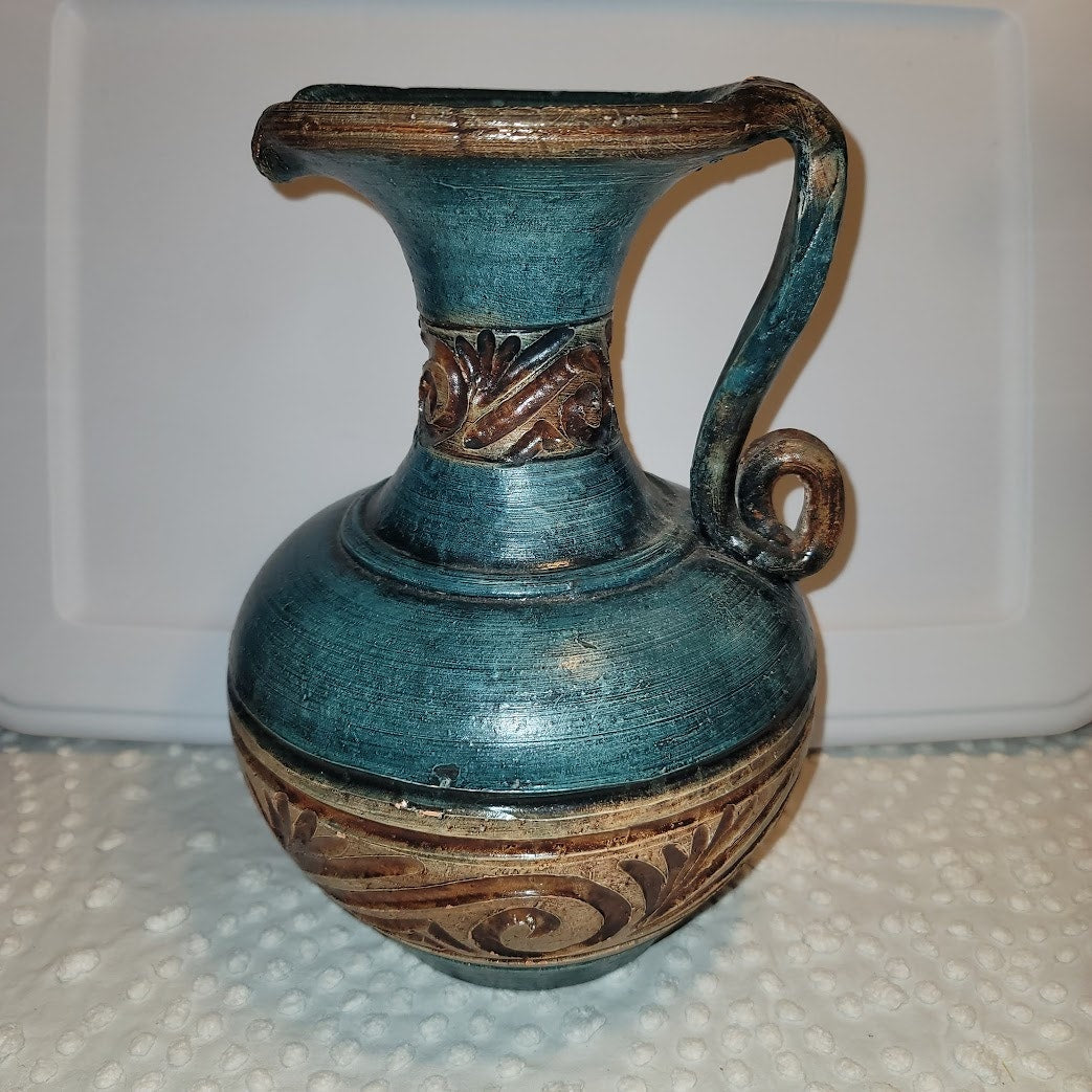 Mexican clay pottery ewer pitcher Teal Gold green Large 12" Tall heavy