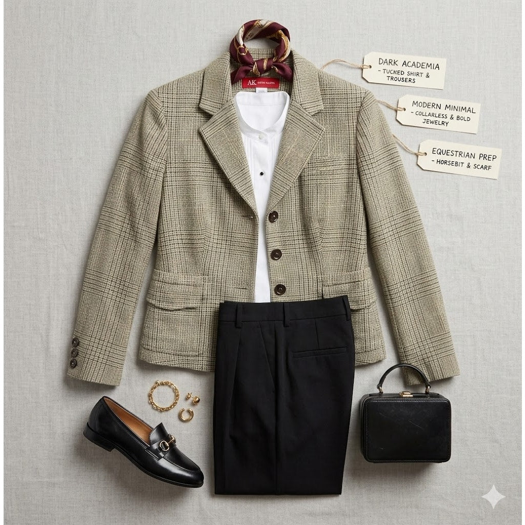 Anne Klein Plaid Wool Blend Blazer Jacket Petite Academia Professional Workwear