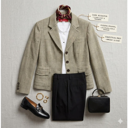 Anne Klein Plaid Wool Blend Blazer Jacket Petite Academia Professional Workwear