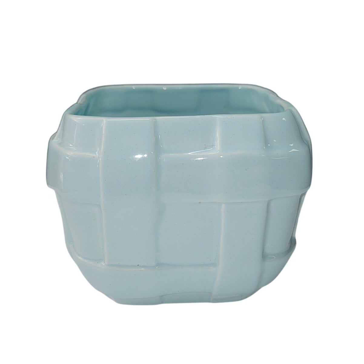 Planter basketweave BABY blue 5" x 5" square vase
