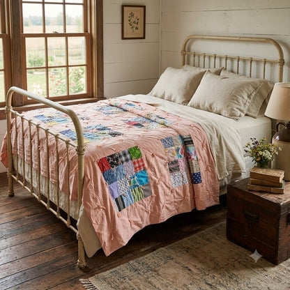 Handmade Patchwork Quilt Peach Yarn tassel 96" x 103"  Cabin Vintage KING/QUEEN