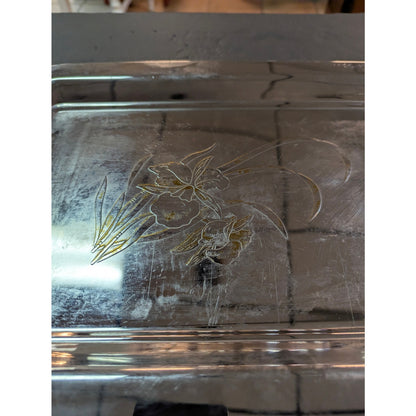 Vintage Japan Stainless Steel Serving Tray Blonde Wood Handle Etched Floral Lily