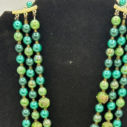Vintage Japan Green sugar bead Art Glass 3 Strand Necklace MCM Emerald 1950 Glam