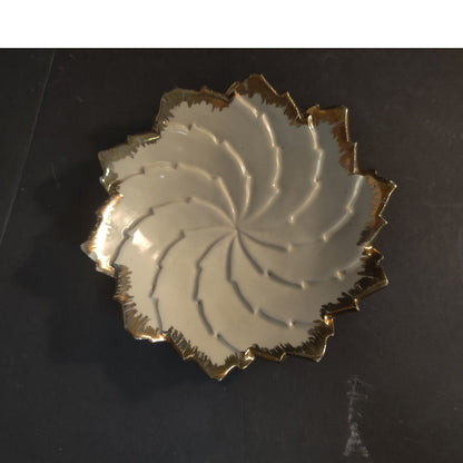 Vintage 1967 Handmade Ceramic Spiral Dish Gold Trim Ruffled Edge