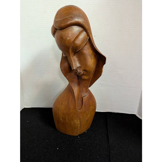 Mid-Century Modern Hand-Carved Wood Bust Sculpture – Stylized Female Form