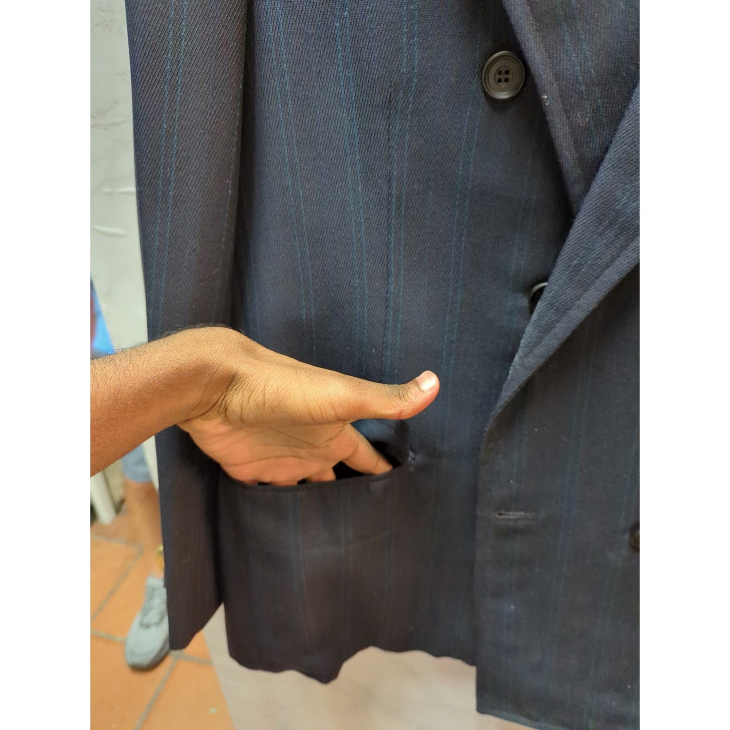 Vintage Brent Men Pinstripe Suit Blazer Jacket Dark Navy 39-28L Classic Business