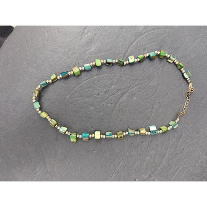 Vintage Green Bead Gold Tone Station Strand Choker Necklace Mid-Century Modern