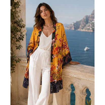 Nygard Mustard Yellow Floral Tropical Open Front Duster Kimono Cardigan