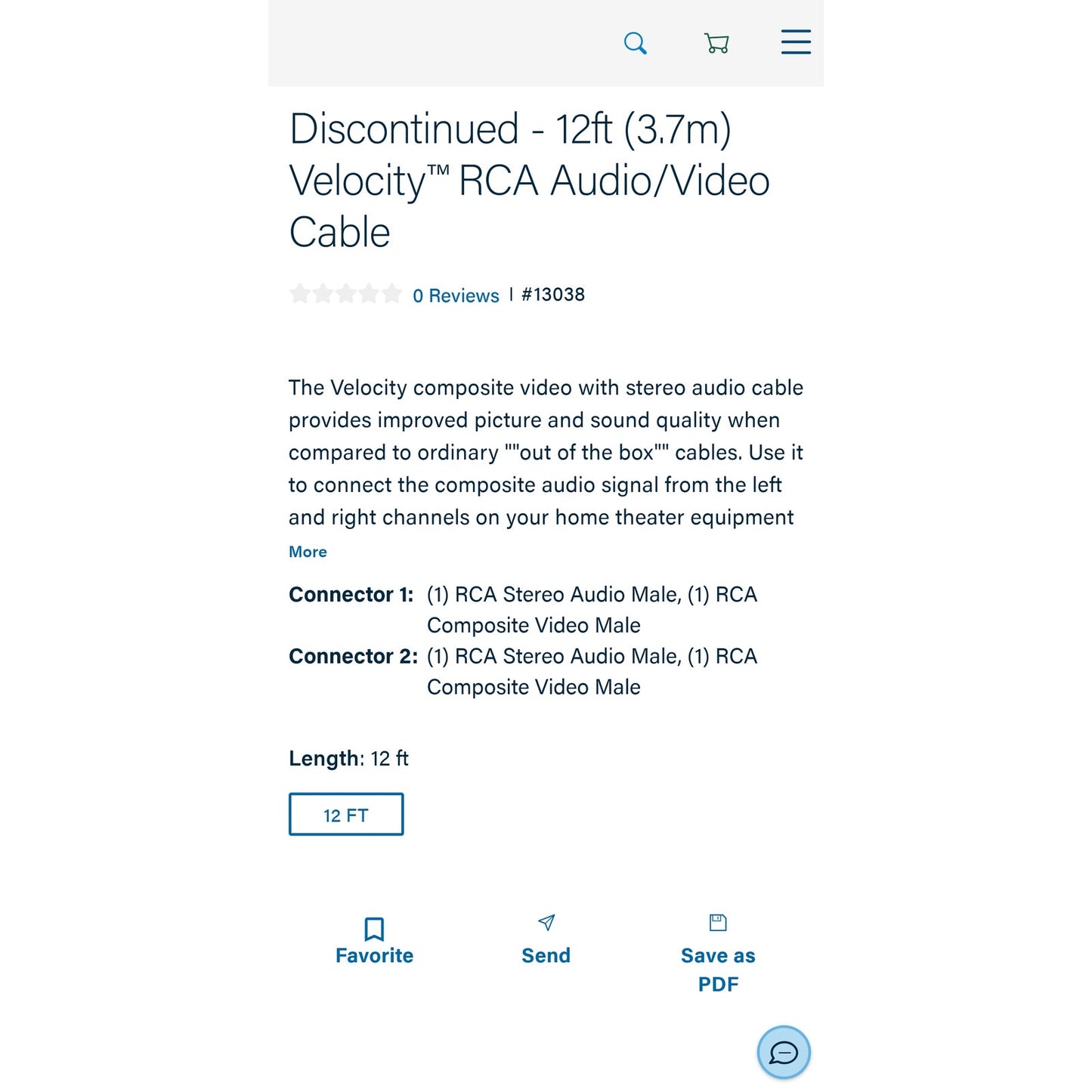 Discontinued - 12ft (3.7m) Velocity™ RCA Audio/Video Cable