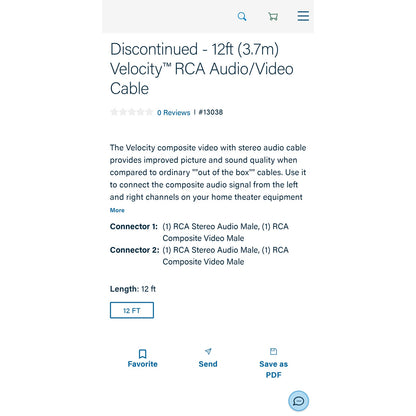 Discontinued - 12ft (3.7m) Velocity™ RCA Audio/Video Cable