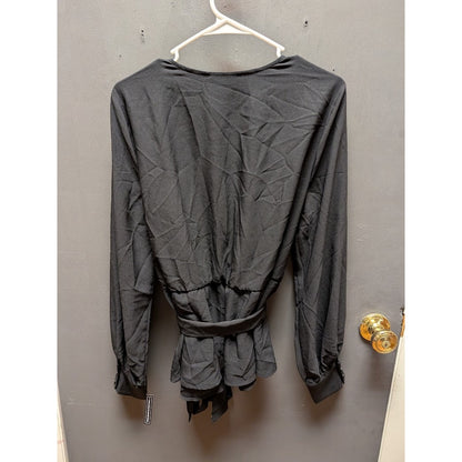 halogen  NWT Blouse VNeck Long Sleeve Black faux wrap Shirt belted Large top