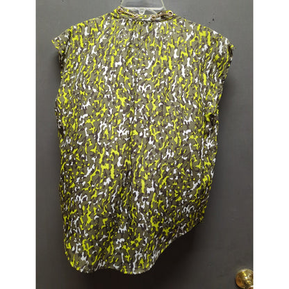 ichael Kors Citron Green Grey Abstract Print Sleeveless Tie Neck Blouse XS Class