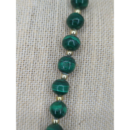 Vintage Green Malachite Style Beaded Strand Necklace Gold Accent Jewelry