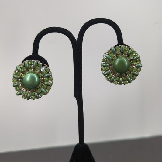 Vintage Sage Green Faux Pearl & Rhinestone Cluster Clip On Ethereal  Earrings
