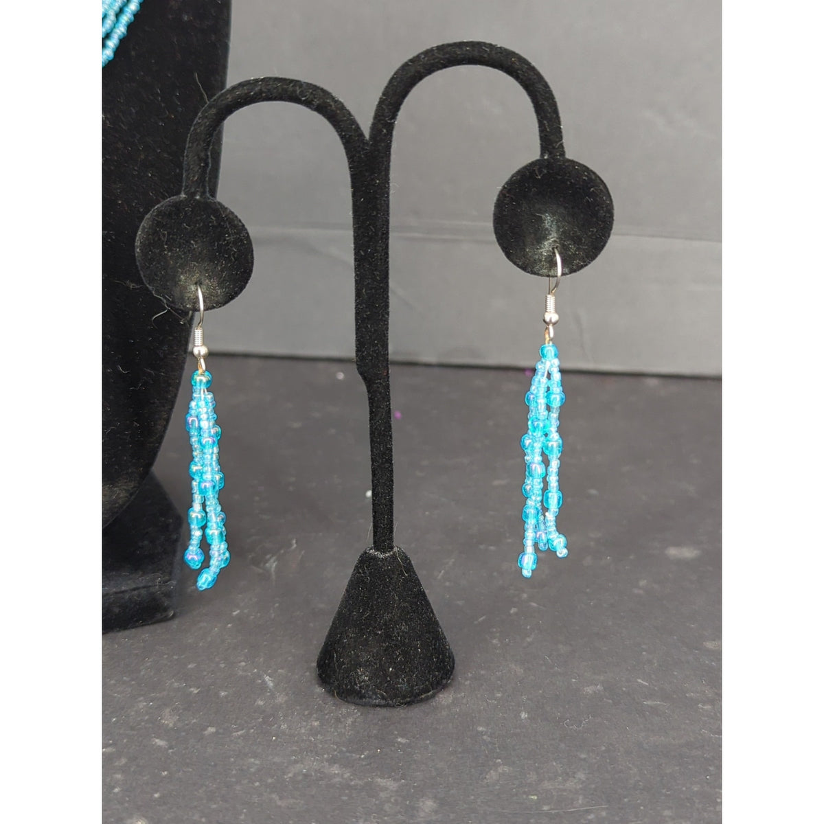 Turquoise Blue Multi Strand Seed Bead Necklace Dangle Earrings Set