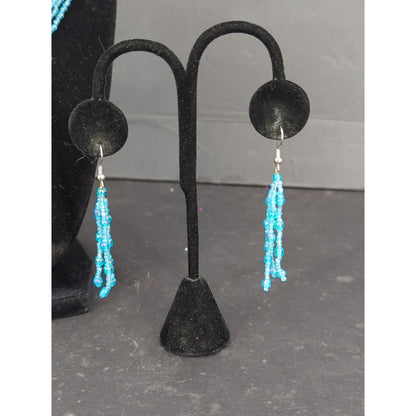 Turquoise Blue Multi Strand Seed Bead Necklace Dangle Earrings Set