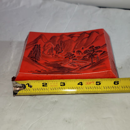 Japanese Inspired Red Black Ceramic Trinket Box Two Piece Landscape 2pc.