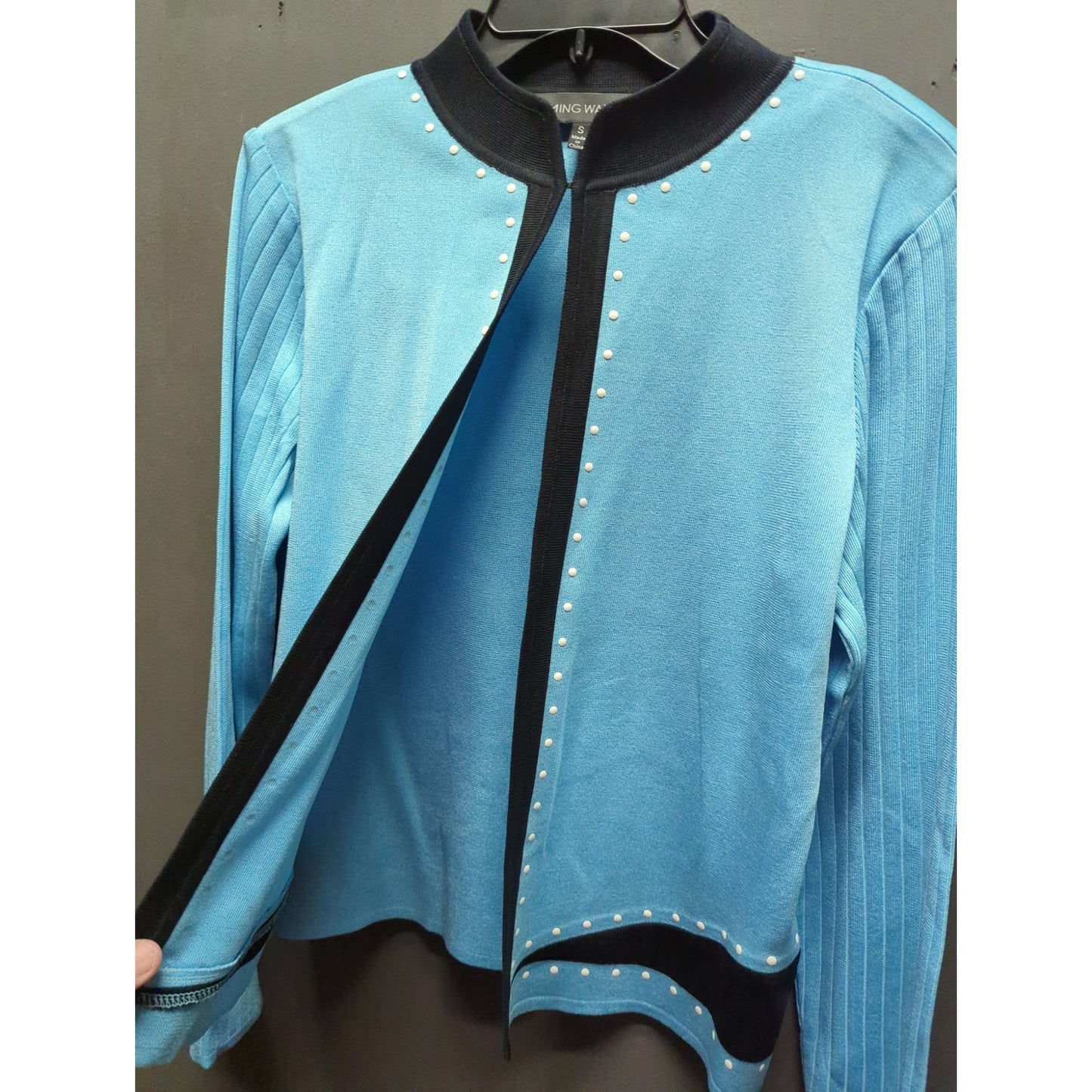 Ming Wang Blue & Black Studded White Dots Knit Jacket Size Small Cardigan
