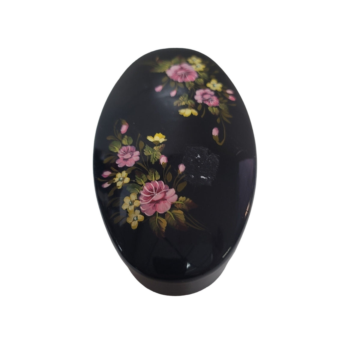 Vintage Russian Metal black floral handpainted trinket box Tin Oval Red inside