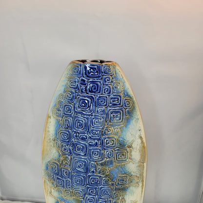Tenmoku Malaysia 12" Vase Pinched Flatened Pottery Blue Geometric Swirl texture