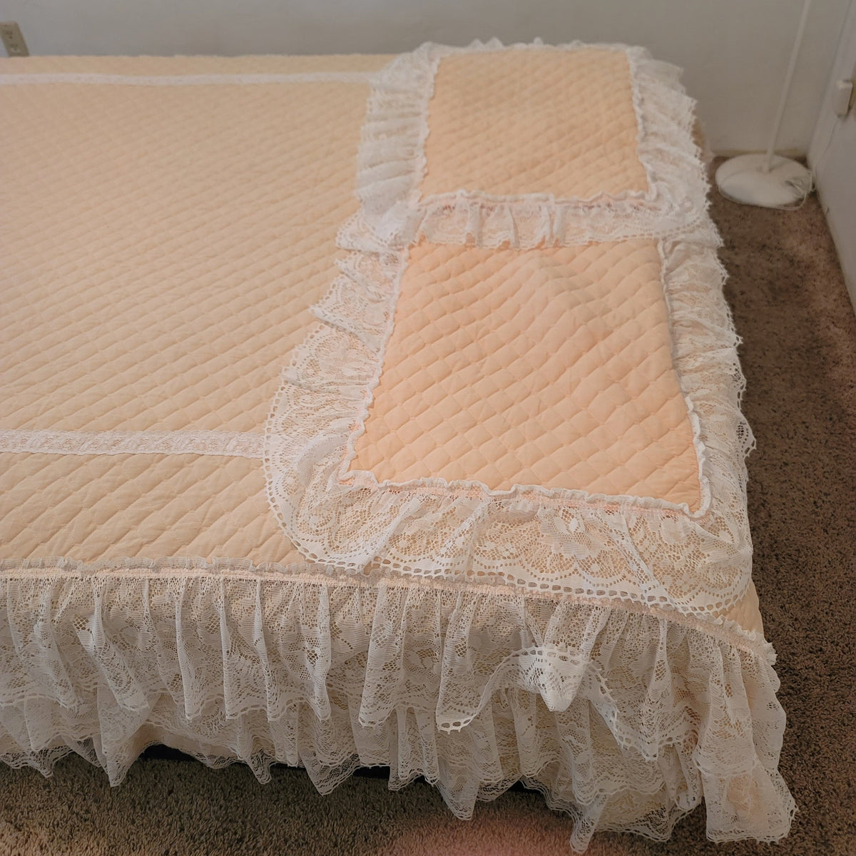 Vintage Peach double lace bottom skirt Coverlet & 2 matching Pillow shams queen
