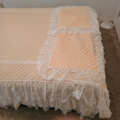 Vintage Peach double lace bottom skirt Coverlet & 2 matching Pillow shams queen