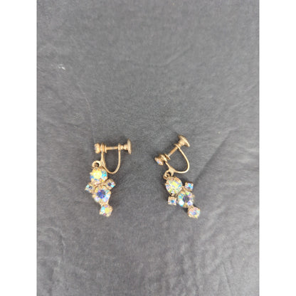 Vintage Gold Tone Aurora Borealis AB Rhinestone Dangle Drop Screw Back Earrings