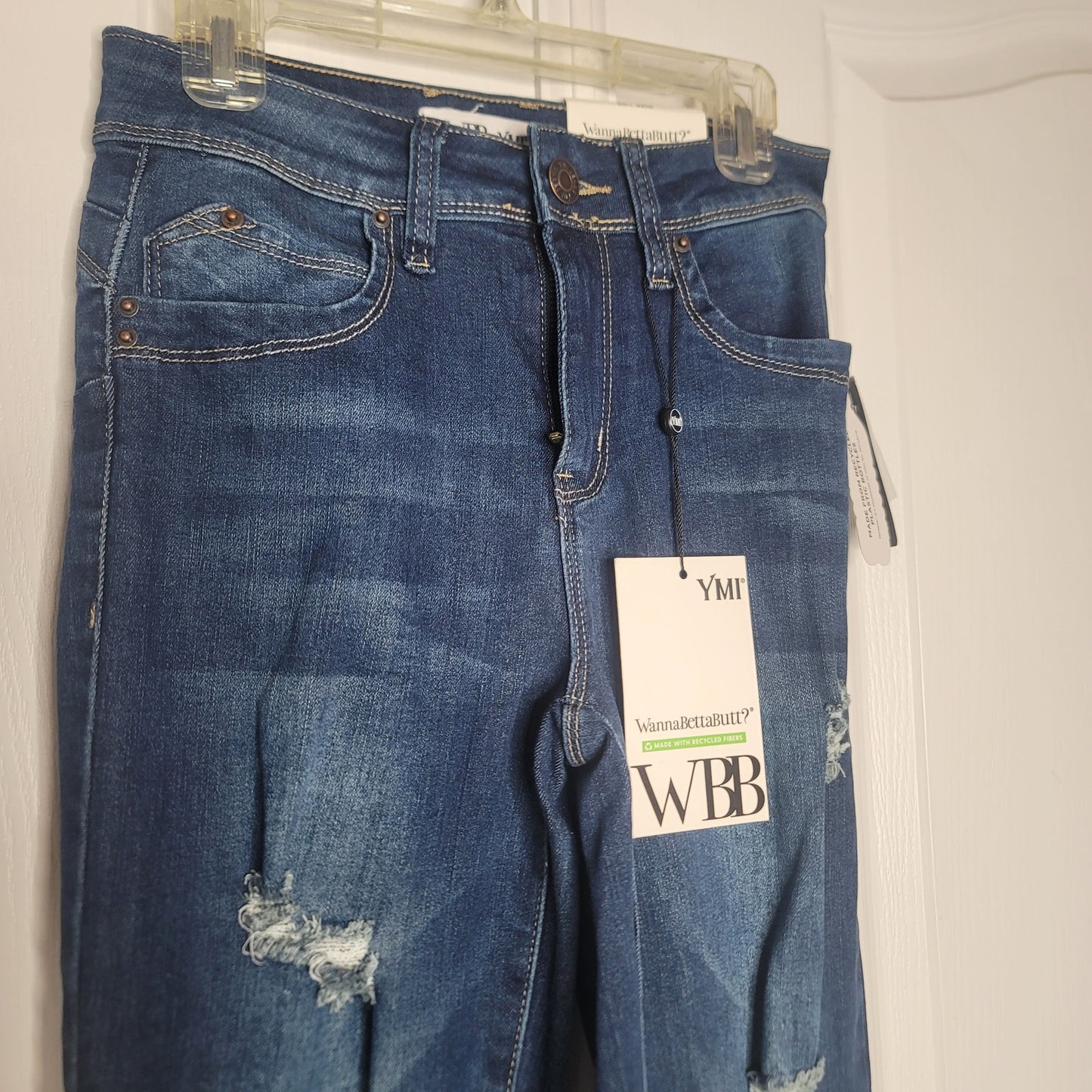WBB Wanna Better Butt Blue Jean Flared Bell Size 1/25 Raw Hem Destroyed Long NEW