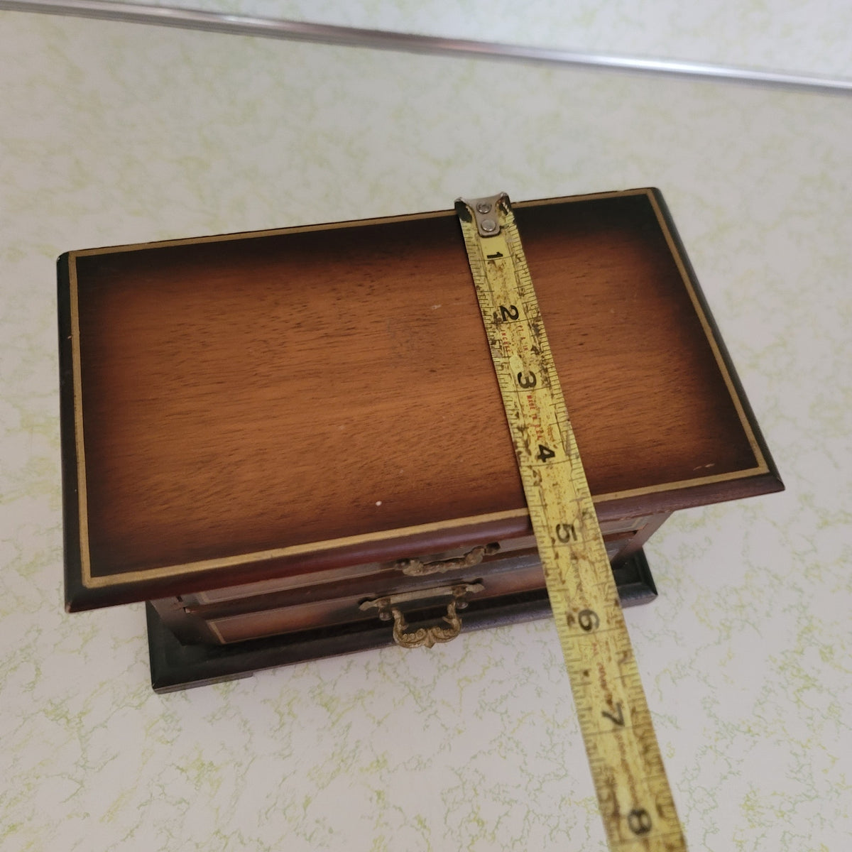 Vintage JEWELRY  wood music box brown yellow lining rings small vanity dresser