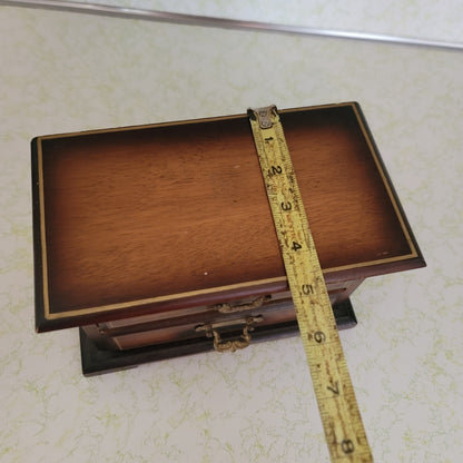 Vintage JEWELRY  wood music box brown yellow lining rings small vanity dresser
