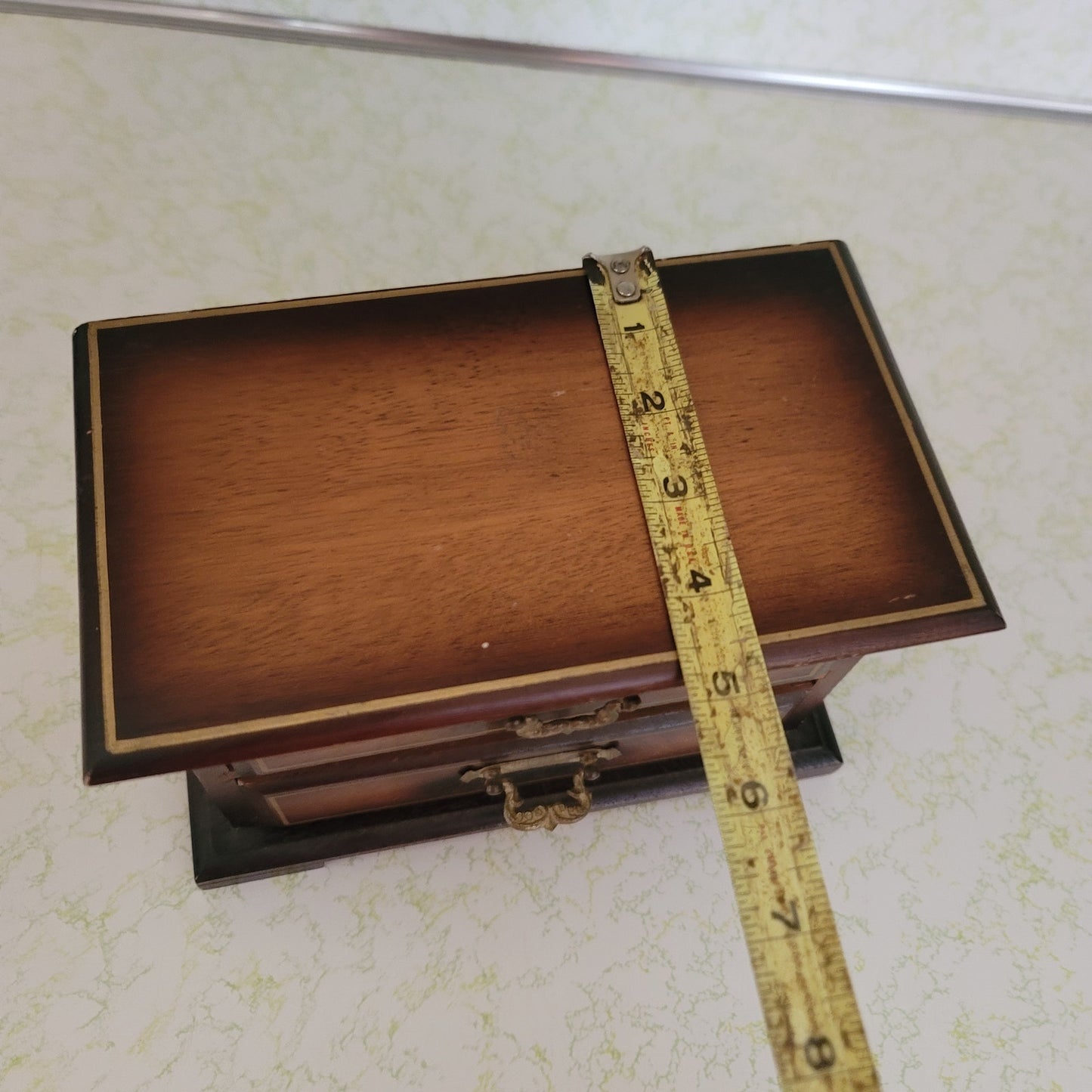 Vintage JEWELRY  wood music box brown yellow lining rings small vanity dresser