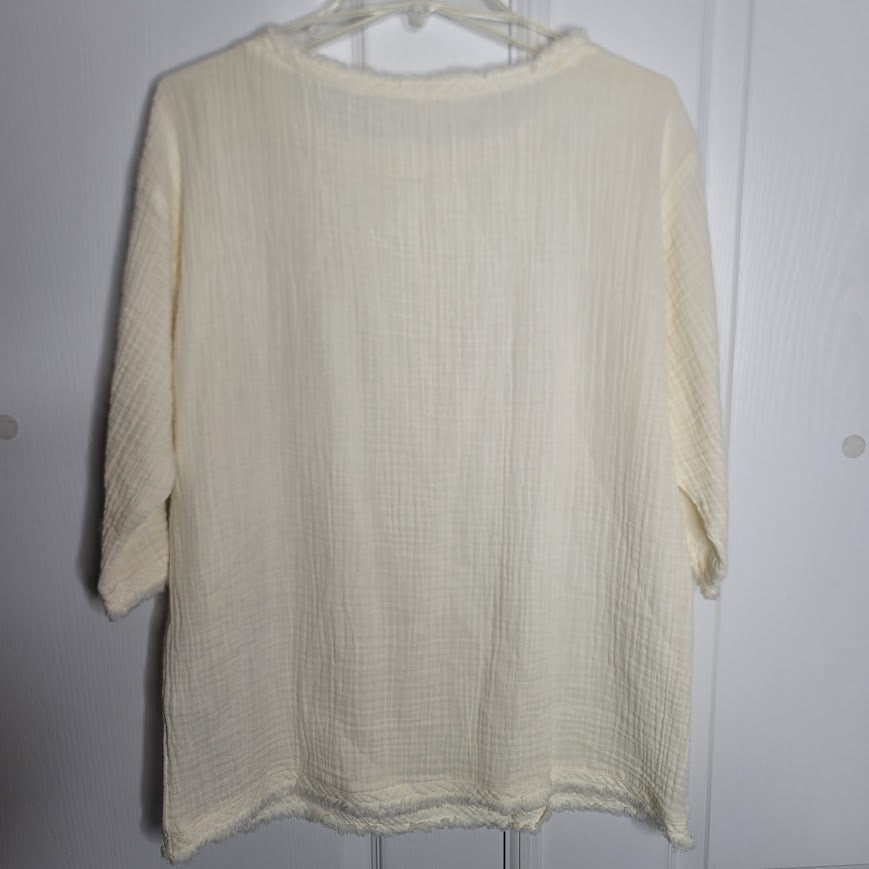Eileen Fisher Gauze Medium Organic Cotton Raw edge textured Cream blouse top