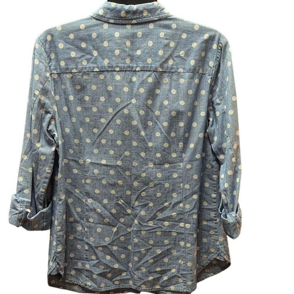 Tommy Hilfiger Blue White Polka Dot Chambray Button-Down Shirt Top Small NEW y2k