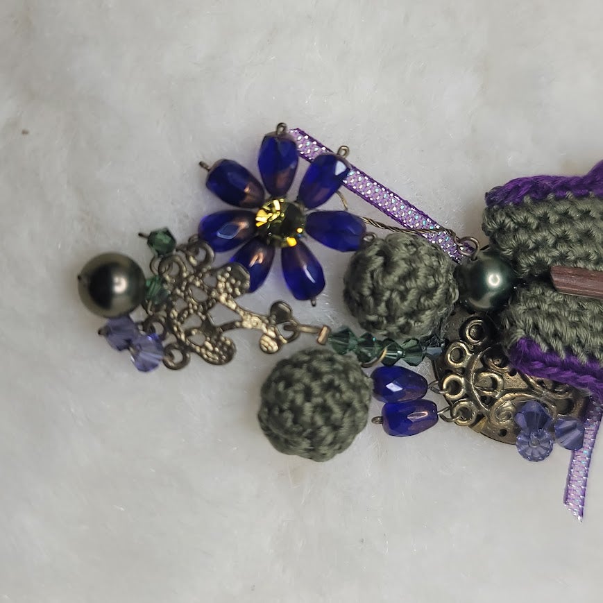 Vintage Handmade Japan Butterfly Crochet Assemblage Brooch Pin Purple Flowers