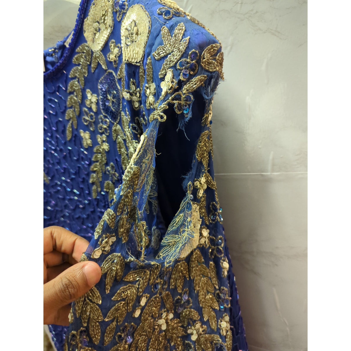 Vintage Laurence Kazar Silk Beaded Dress Royal Blue Sequin Flawed Repair 1X