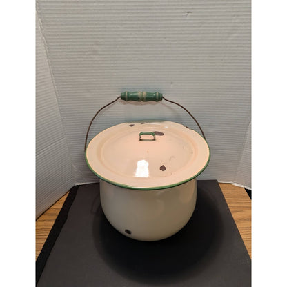 Vintage 1940's Cream Green Enamelware Pail Chamber Pot Slop Jar Wood Handle