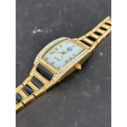Vintage AKKAD Women's Quartz Watch Gold Tone Rhinestone Link Bracelet Tonneau