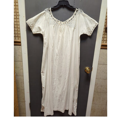 Antique Edwardian Nightgown White Cotton Dressing Gown Crocheted Bodice Large