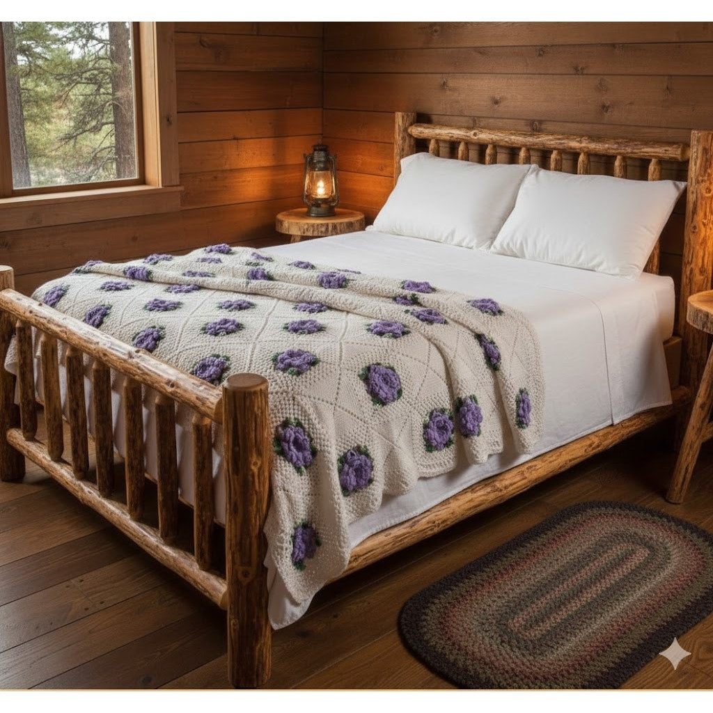 Crochet purple white raise flower blanket coverlet Handmade twin full bedspread