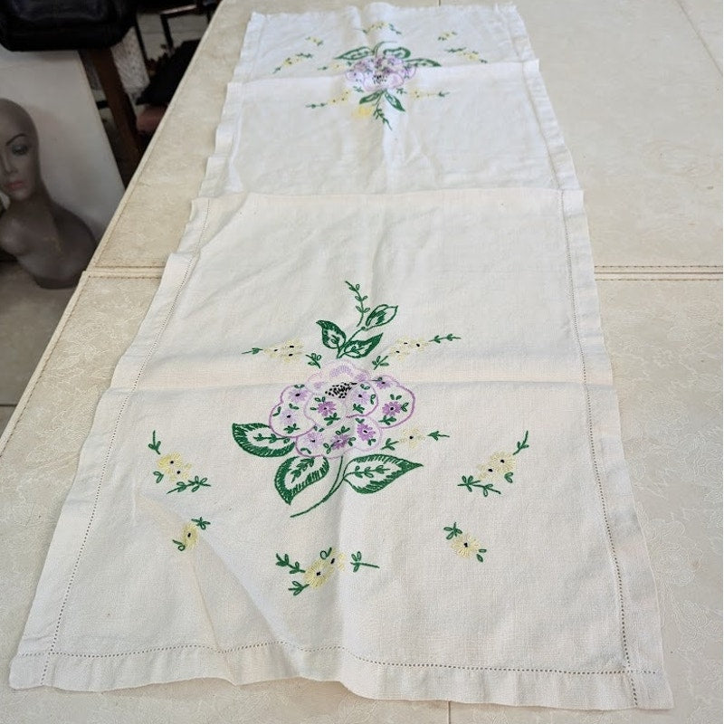 Vintage Hand embroidered flowers white blue purple table runner linen textiles
