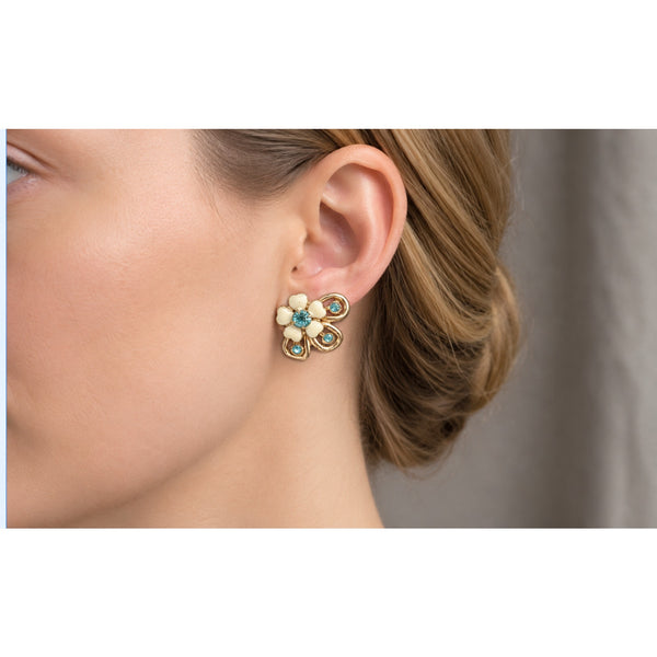 Vintage Signed Coro White/Blue/Gold Flower Clip On petite crew back 1950s