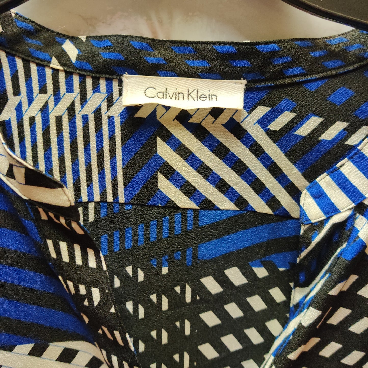 Calvin Klein Blue Black White Geometric Striped Roll Tab Sleeve Blouse Tunic M/L