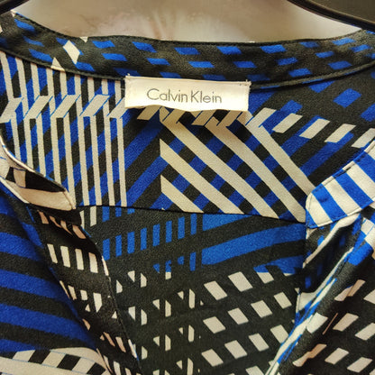 Calvin Klein Blue Black White Geometric Striped Roll Tab Sleeve Blouse Tunic M/L